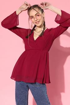 Maroon Wrap Drawstring Peplum Top