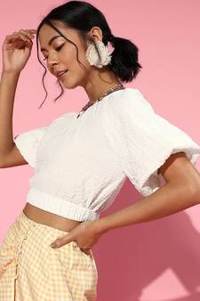 White Balloon Sleeve Boxy Crop Top