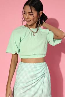 Mint Green Balloon Sleeve Boxy Crop Top