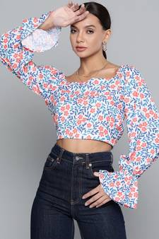 White Ditsy Floral Victorian Sleeve Crop Top