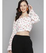 White Cherry Print Victorian Sleeve Crop Top