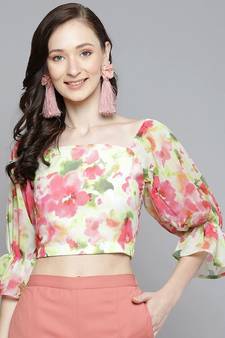 White & Pink Floral Square Neck Crop Top