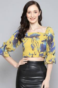 Mustard Polyester Printed Crop Top