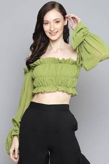 Green Off Shoulder Ruched Crop Top