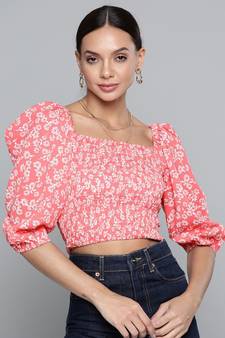 Pink Floral Smocking Crop Top