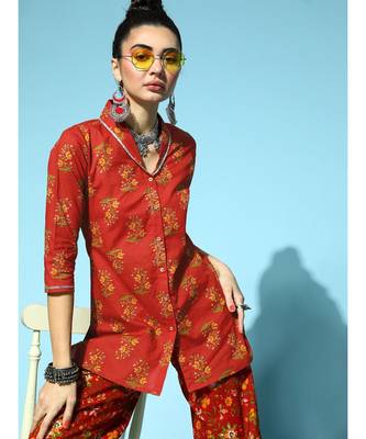 Rust Placement Floral Shawl Collar Top 1