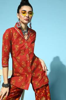 Rust Placement Floral Shawl Collar Top
