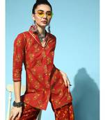 Rust Placement Floral Shawl Collar Top