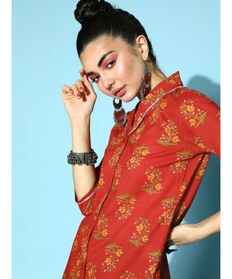 Rust Placement Floral Shawl Collar Top 3