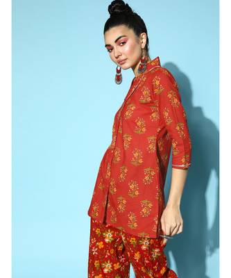 Rust Placement Floral Shawl Collar Top 4