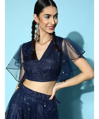 Navy Tulle Sequin Frill Detail Crop Top 1