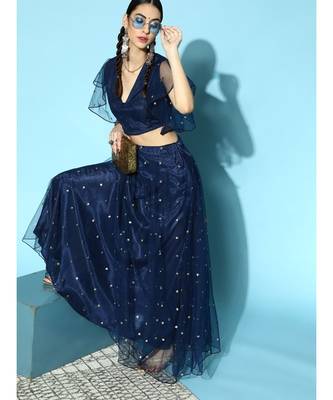 Navy Tulle Sequin Frill Detail Crop Top 4