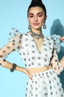 White & Black Polka Puff Shoulder Crop Top