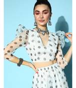 White & Black Polka Puff Shoulder Crop Top