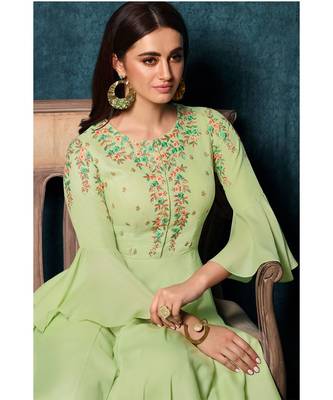 Pastel Green Colour Model Satin Gown 2