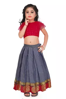 Kids Rani Pink Blouse With Silver Lehenga Choli 