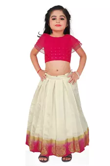 Kids Rani Pink Blouse With White Lehenga Choli Set For Girls 