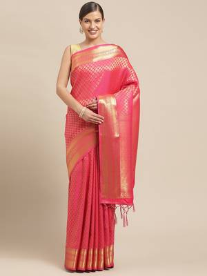 Pink woven pure dupion silk saree with blouse 1