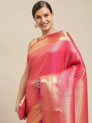 Pink woven pure dupion silk saree with blouse 2