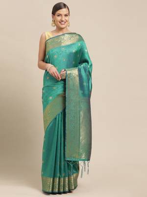 Turquoise woven pure dupion silk saree with blouse 1