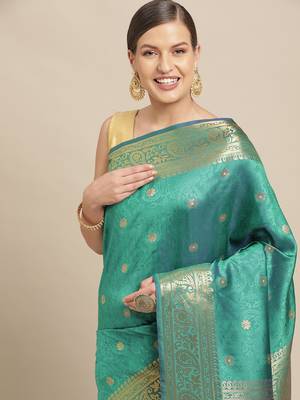 Turquoise woven pure dupion silk saree with blouse 2
