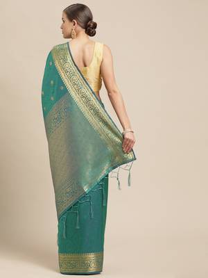 Turquoise woven pure dupion silk saree with blouse 3