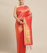 Red woven pure dupion silk saree with blouse