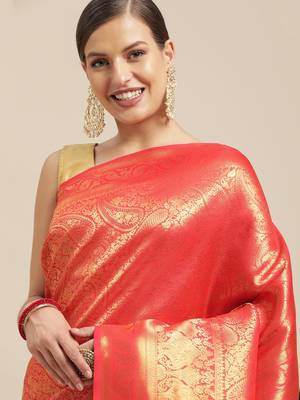 Red woven pure dupion silk saree with blouse 2