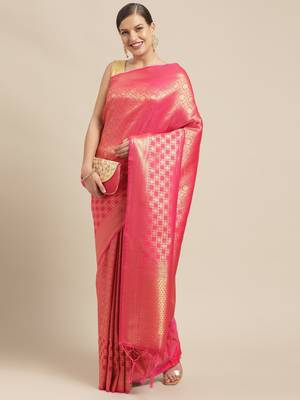 Pink woven pure dupion silk saree with blouse 1