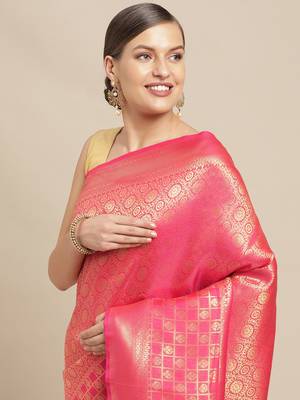 Pink woven pure dupion silk saree with blouse 2