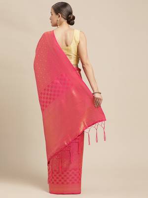 Pink woven pure dupion silk saree with blouse 3