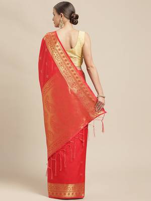 Red woven pure dupion silk saree with blouse 3