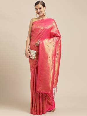 Pink woven pure dupion silk saree with blouse 1