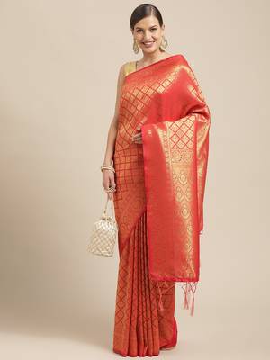 Red woven pure dupion silk saree with blouse 1