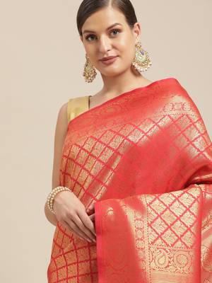 Red woven pure dupion silk saree with blouse 2