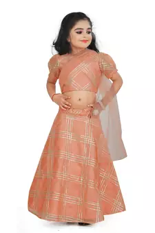 Kids Orange Cotton Silk Lehenga Choli Set For Boys 