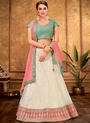 Cream thread embroidery net unstitched lehenga 1