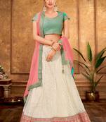 Cream thread embroidery net unstitched lehenga