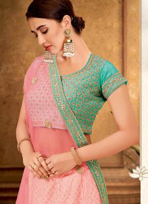 Cream thread embroidery net unstitched lehenga 2