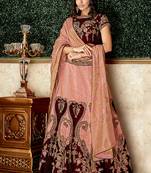 Peach thread embroidery velvet unstitched lehenga