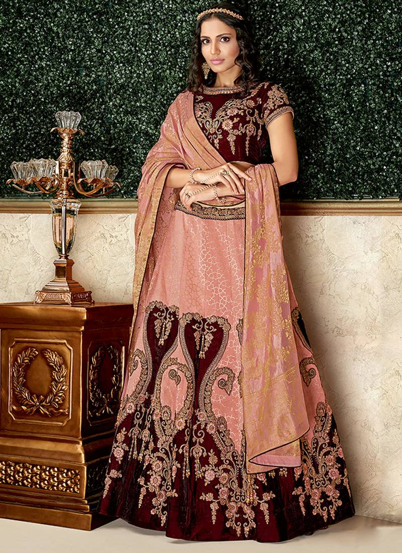 Peach thread embroidery velvet unstitched lehenga