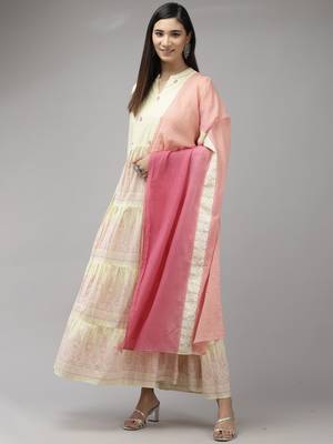 Indo Era Yellow Printed A-line Dress With Dupatta Set 1