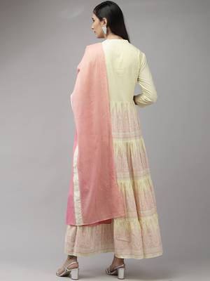 Indo Era Yellow Printed A-line Dress With Dupatta Set 2