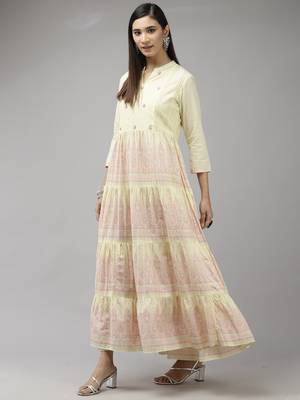 Indo Era Yellow Printed A-line Dress With Dupatta Set 3