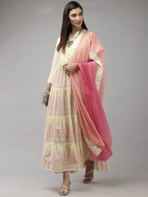 Indo Era Yellow Printed A-line Dress With Dupatta Set 4