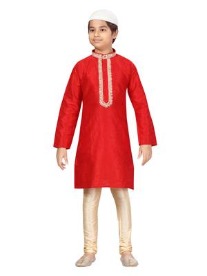 Red embroidered silk boys-kurta-pyjama 1