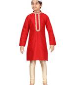 Red embroidered silk boys-kurta-pyjama