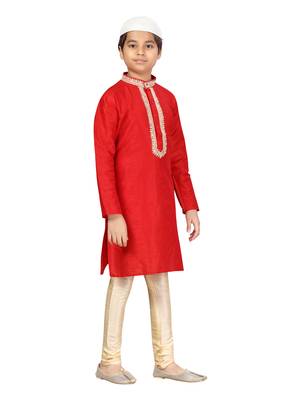 Red embroidered silk boys-kurta-pyjama 2