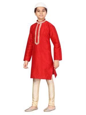 Red embroidered silk boys-kurta-pyjama 3