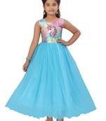 Turquoise printed polyester kids-girl-gowns